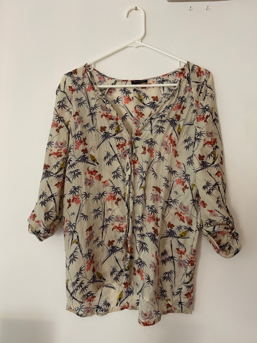 Massimo Dutti Cream Floral & Bamboo-Print Blouse with Navy and Rust Accents